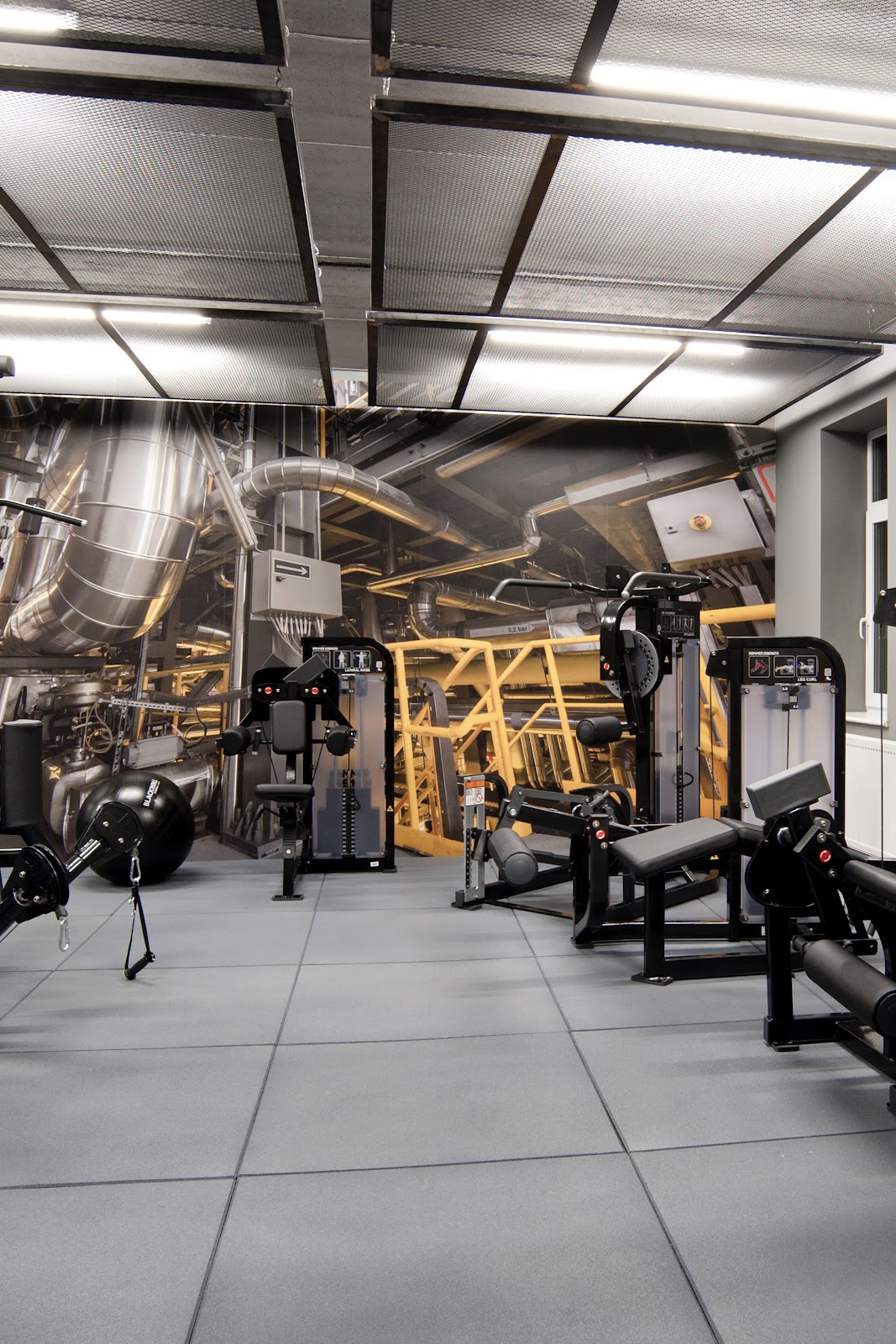 Industrialny sufit i maszyny w Trim Fitness